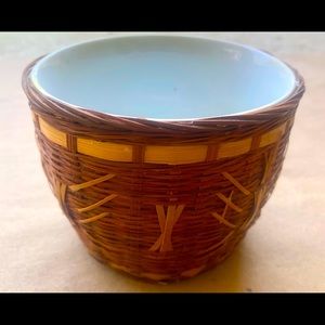 Vintage Asian Hand-Woven Wicker Covered White Ceramic Soup Bowl